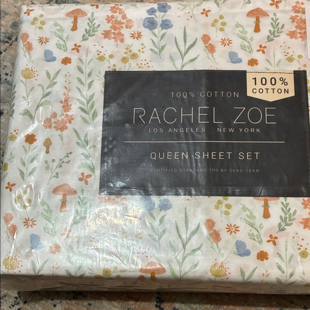 NWT - Rachel Zoe Floral & Mushroom Queen Sheet Set in White, Orange, Green, Blue